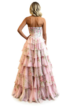 Pink Flower Sweetheart A Line Long Corset Prom Dress with Ruffles