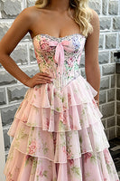 Load image into Gallery viewer, Pink Flower Sweetheart A Line Long Corset Prom Dress with Ruffles