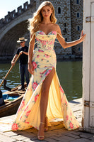 Load image into Gallery viewer, Yellow Flower Sweetheart Mermaid Long Corset Prom Dress with Slit