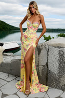 Load image into Gallery viewer, Sparkly Yellow Flower Sweetheart Mermaid Long Corset Prom Dress with Slit