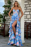 Load image into Gallery viewer, Sparkly Blue and Pink Flower Sweetheart Mermaid Long Corset Prom Dress with Ruffles