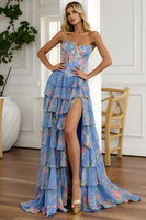 Load image into Gallery viewer, Blue and Pink Flower Sweetheart Long Corset Prom Dress with Slit