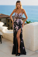 Load image into Gallery viewer, Black and Pink Flower Mermaid Long Corset Prom Dress with Slit
