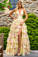 Load image into Gallery viewer, Yellow Flower A Line Long Corset Prom Dress with Ruffles