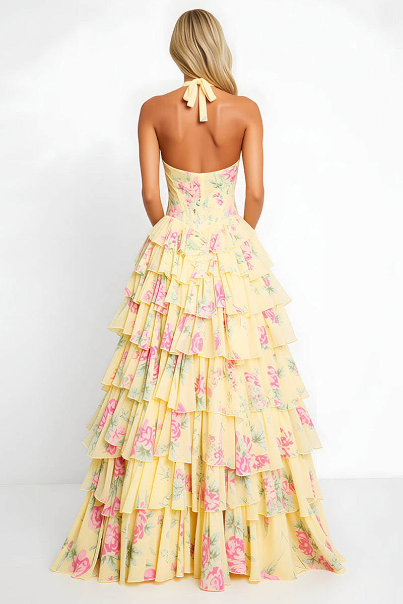 Load image into Gallery viewer, Yellow Flower A Line Long Corset Prom Dress with Ruffles