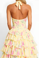 Load image into Gallery viewer, Yellow Flower A Line Long Corset Prom Dress with Ruffles