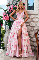 Load image into Gallery viewer, Pink Flower Corset Ruffled Princess Long Prom Dress with Slit