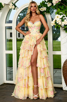Load image into Gallery viewer, Yellow Flower Corset Princess Ruffled Long Prom Dress with Slit