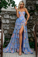 Load image into Gallery viewer, Sparkly Blue and Pink Flower Princess Long Corset Prom Dress with Ruffles