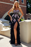 Load image into Gallery viewer, Black and Pink Flower Spaghetti Straps Mermaid Long Prom Dress with Slit