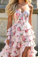Load image into Gallery viewer, Pink Floral Chiffon A Line Sweetheart Long Prom Dress with Slit
