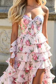 Pink Floral Chiffon A Line Sweetheart Long Prom Dress with Slit