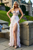 Load image into Gallery viewer, White Pink Flower Ruffled Mermaid Long Corset Prom Dress with Slit