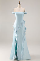 Load image into Gallery viewer, Light Blue Mermaid Off the Shoulder Long Prom Dress with Ruffles