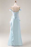 Load image into Gallery viewer, Light Blue Mermaid Off the Shoulder Long Prom Dress with Ruffles