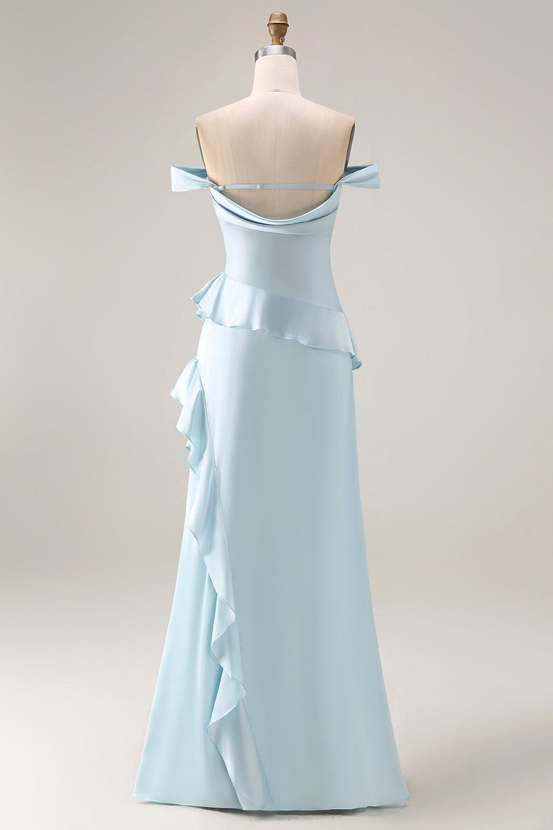 Load image into Gallery viewer, Light Blue Mermaid Off the Shoulder Long Prom Dress with Ruffles