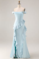 Load image into Gallery viewer, Light Blue Mermaid Off the Shoulder Long Prom Dress with Ruffles