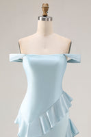 Load image into Gallery viewer, Light Blue Mermaid Off the Shoulder Long Prom Dress with Ruffles