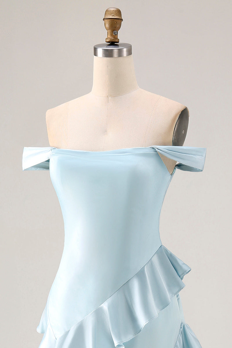 Load image into Gallery viewer, Light Blue Mermaid Off the Shoulder Long Prom Dress with Ruffles