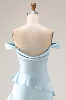 Load image into Gallery viewer, Light Blue Mermaid Off the Shoulder Long Prom Dress with Ruffles