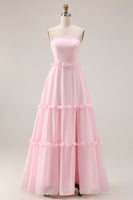 Load image into Gallery viewer, Blush Pink Chiffon Strapless A Line Maxi Formal Dress with Slit