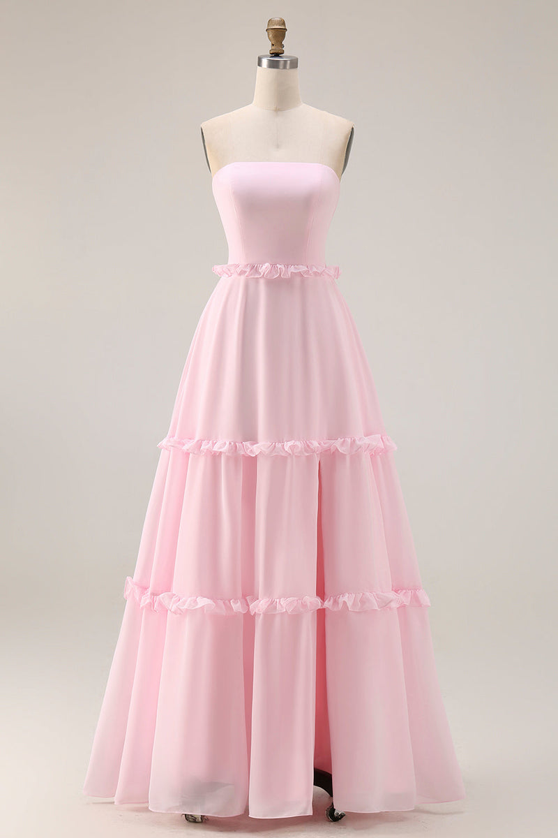 Load image into Gallery viewer, Blush Pink Chiffon Strapless A Line Maxi Formal Dress with Slit