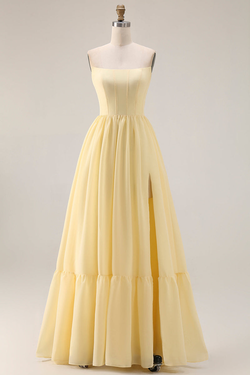Load image into Gallery viewer, Yellow A Line Corset Strapless Maxi Formal Dress with Slit