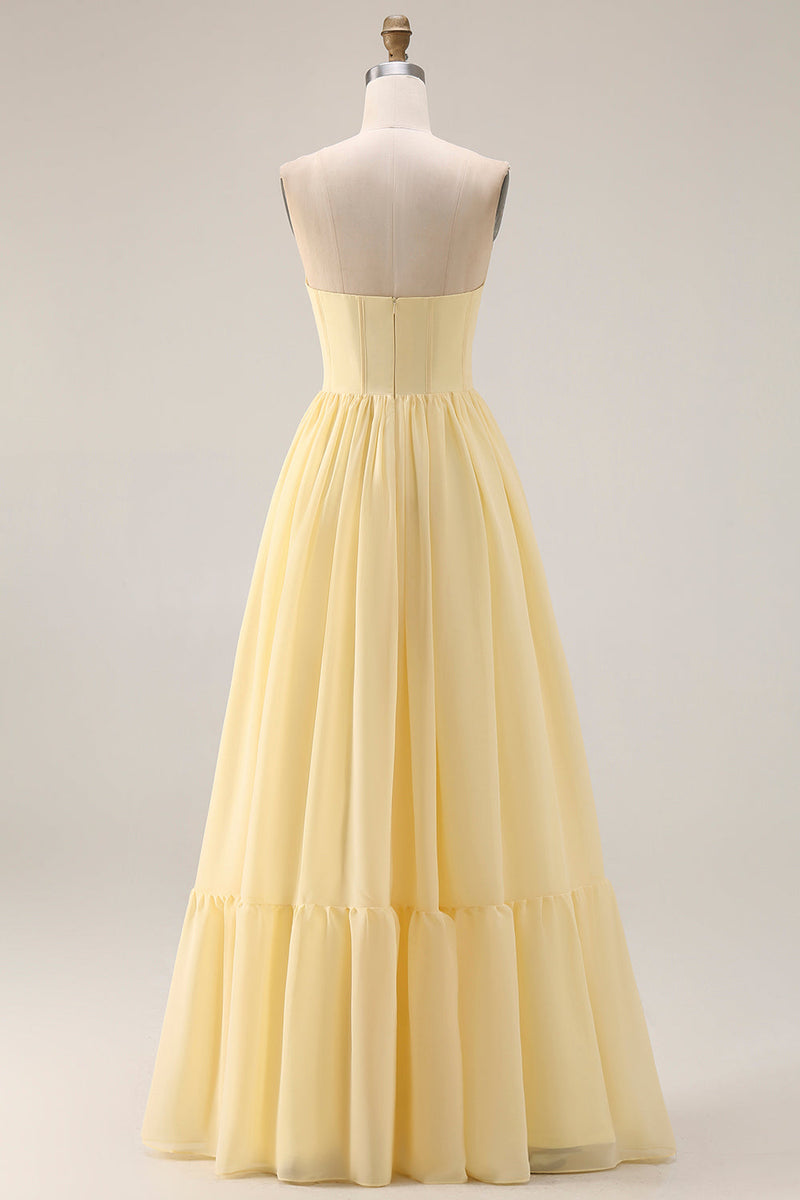 Load image into Gallery viewer, Yellow A Line Corset Strapless Maxi Formal Dress with Slit