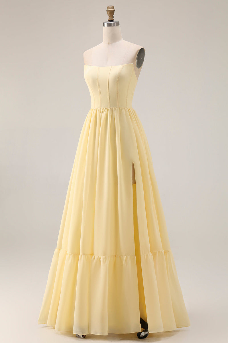 Load image into Gallery viewer, Yellow A Line Corset Strapless Maxi Formal Dress with Slit