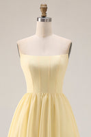 Load image into Gallery viewer, Yellow A Line Corset Strapless Maxi Formal Dress with Slit