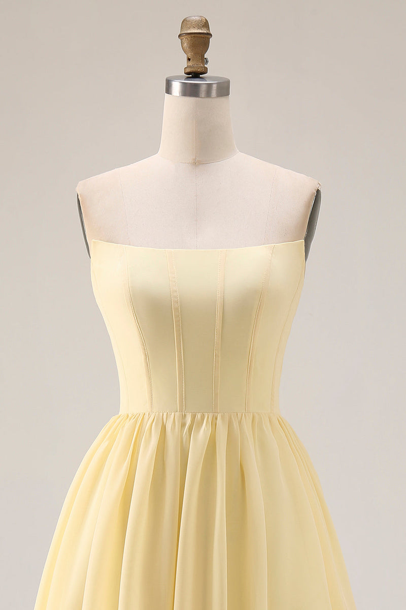 Load image into Gallery viewer, Yellow A Line Corset Strapless Maxi Formal Dress with Slit