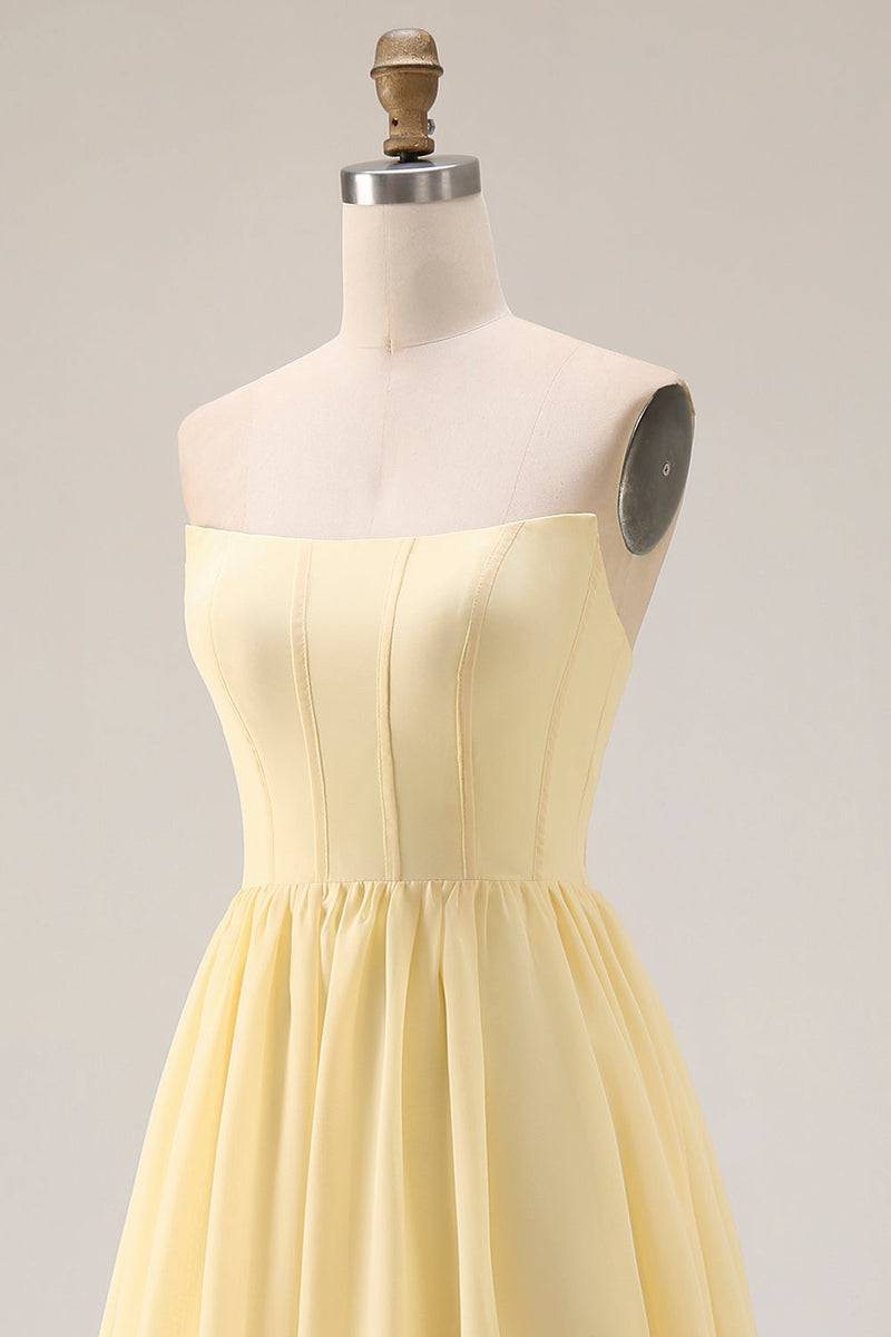Load image into Gallery viewer, Yellow A Line Corset Strapless Maxi Formal Dress with Slit