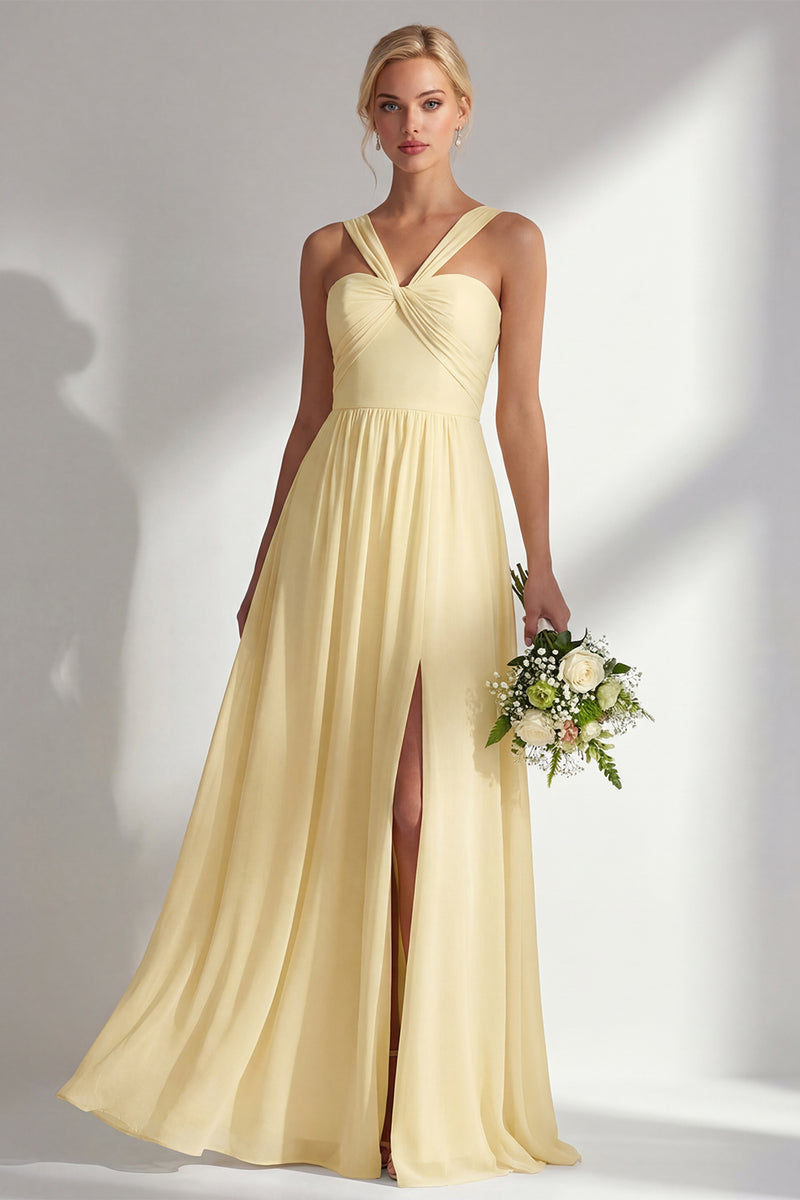 Load image into Gallery viewer, Yellow A Line Convertible Wear Chiffon Backless Long Formal Dress