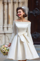 Load image into Gallery viewer, A Line White Off the Shoulder Short Wedding Dress with Bow