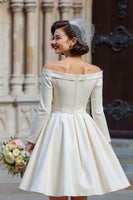 Load image into Gallery viewer, A Line White Off the Shoulder Short Wedding Dress with Bow