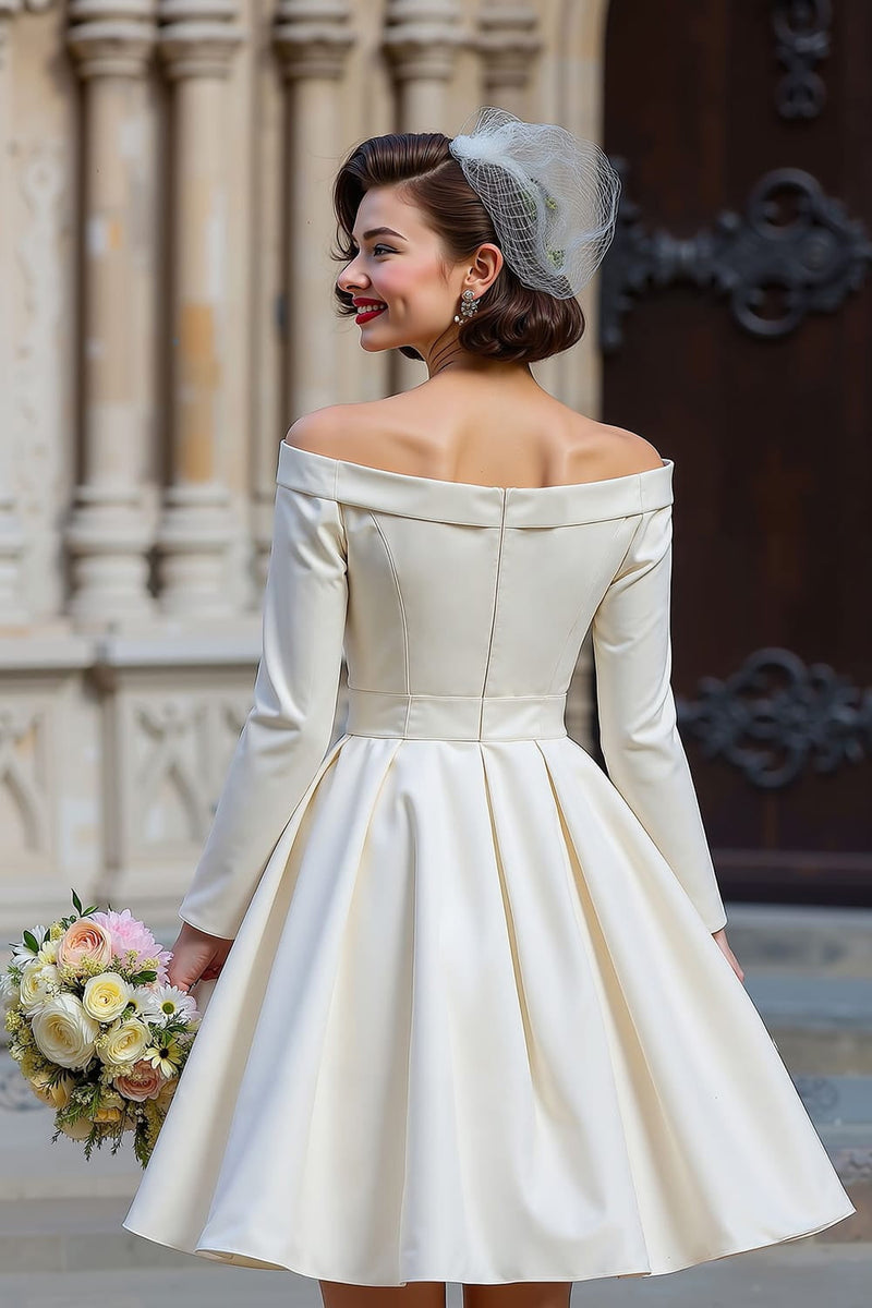 Load image into Gallery viewer, A Line White Off the Shoulder Short Wedding Dress with Bow
