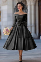 Load image into Gallery viewer, A Line Ivory Off the Shoulder Midi Wedding Dress with Bow