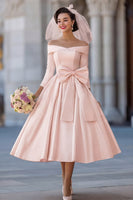 Load image into Gallery viewer, A Line Ivory Off the Shoulder Midi Wedding Dress with Bow