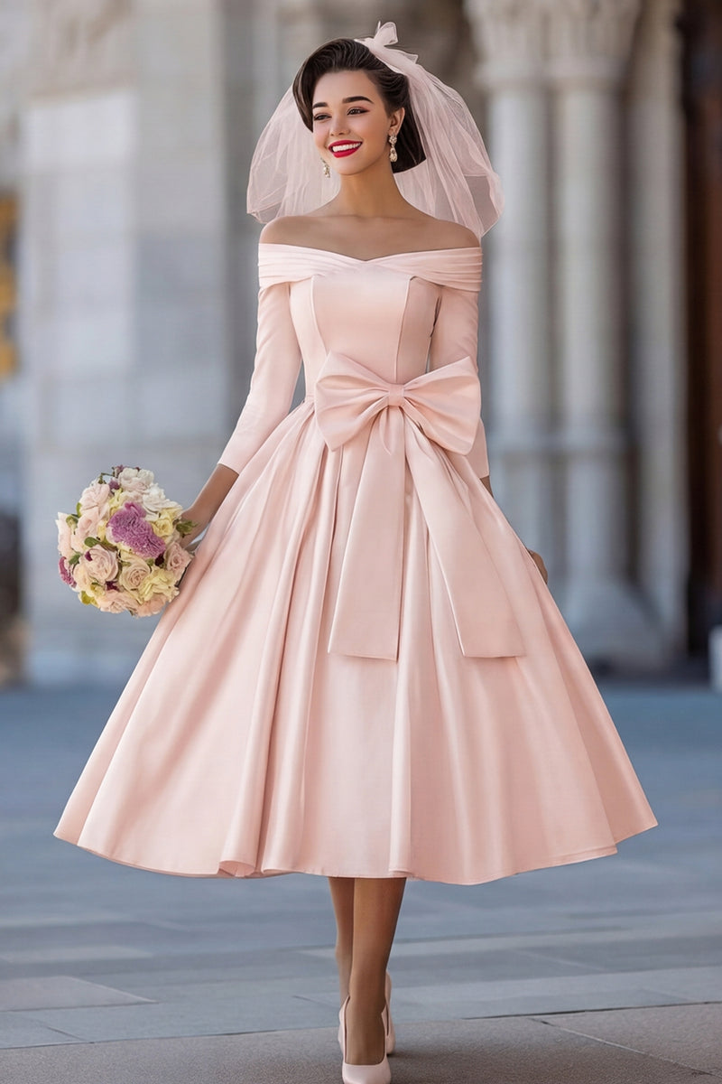 Load image into Gallery viewer, A Line Ivory Off the Shoulder Midi Wedding Dress with Bow
