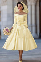 Load image into Gallery viewer, A Line Ivory Off the Shoulder Midi Wedding Dress with Bow