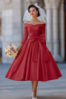 Load image into Gallery viewer, A Line Ivory Off the Shoulder Midi Wedding Dress with Bow