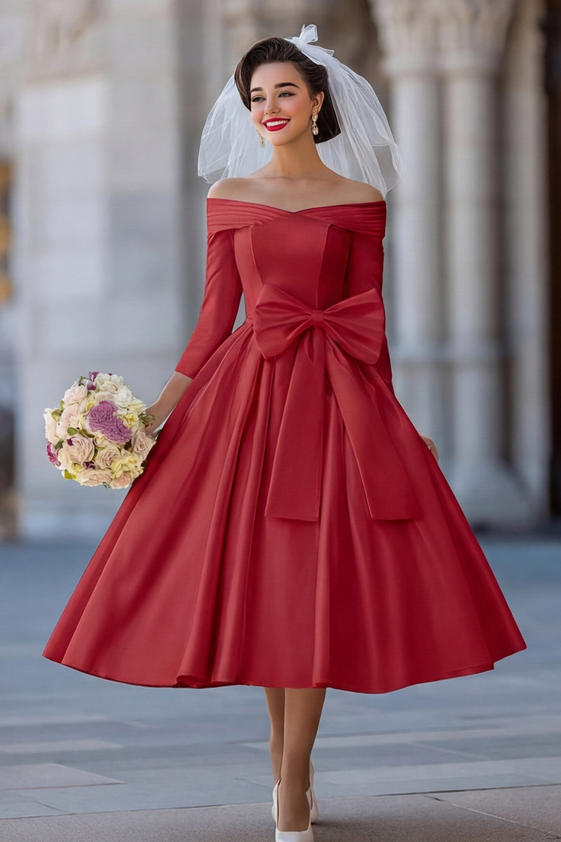 Load image into Gallery viewer, A Line Ivory Off the Shoulder Midi Wedding Dress with Bow