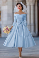 Load image into Gallery viewer, A Line Ivory Off the Shoulder Midi Wedding Dress with Bow