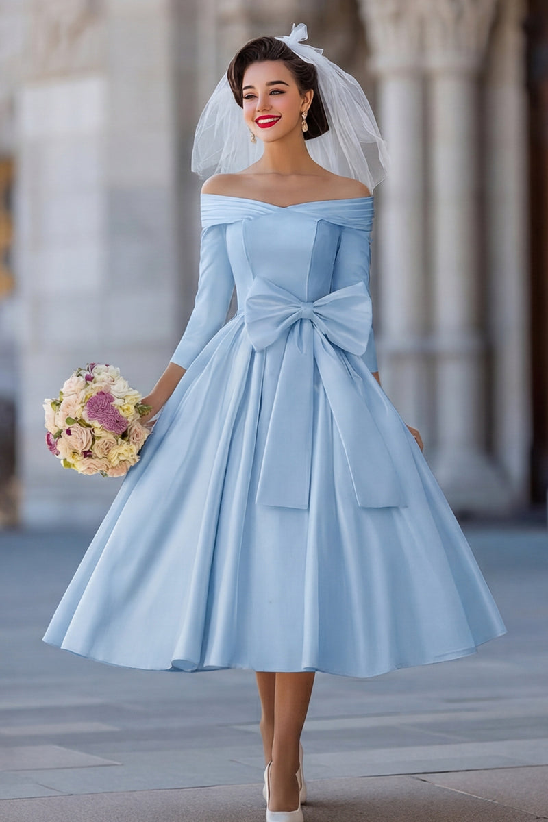 Load image into Gallery viewer, A Line Ivory Off the Shoulder Midi Wedding Dress with Bow