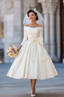 Load image into Gallery viewer, A Line Ivory Off the Shoulder Midi Wedding Dress with Bow
