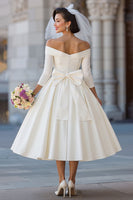 Load image into Gallery viewer, A Line Ivory Off the Shoulder Midi Wedding Dress with Bow