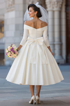 A Line Ivory Off the Shoulder Midi Wedding Dress with Bow