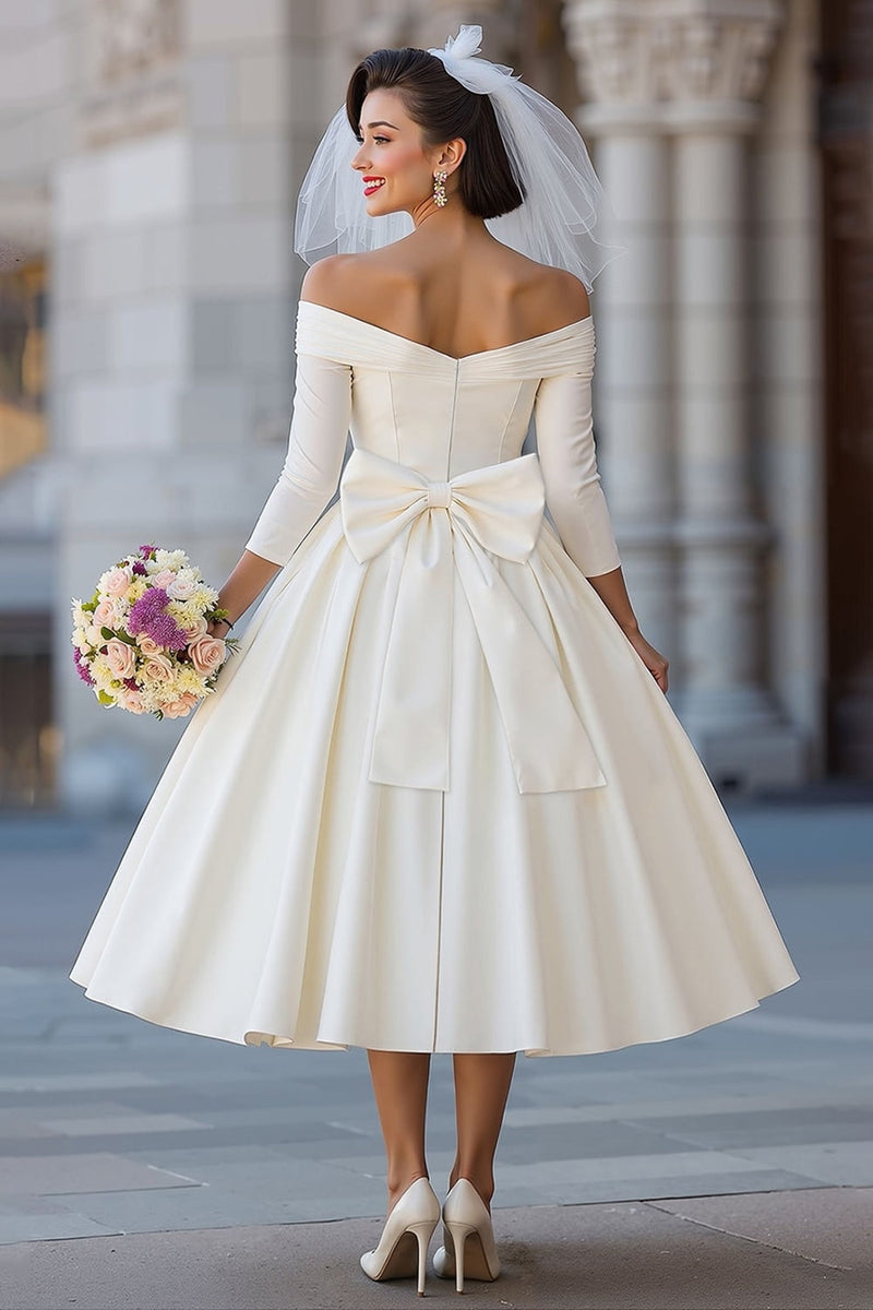 Load image into Gallery viewer, A Line Ivory Off the Shoulder Midi Wedding Dress with Bow