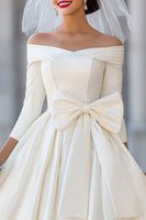 Load image into Gallery viewer, A Line Ivory Off the Shoulder Midi Wedding Dress with Bow