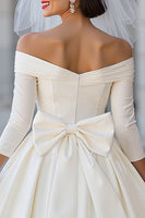 Load image into Gallery viewer, A Line Ivory Off the Shoulder Midi Wedding Dress with Bow